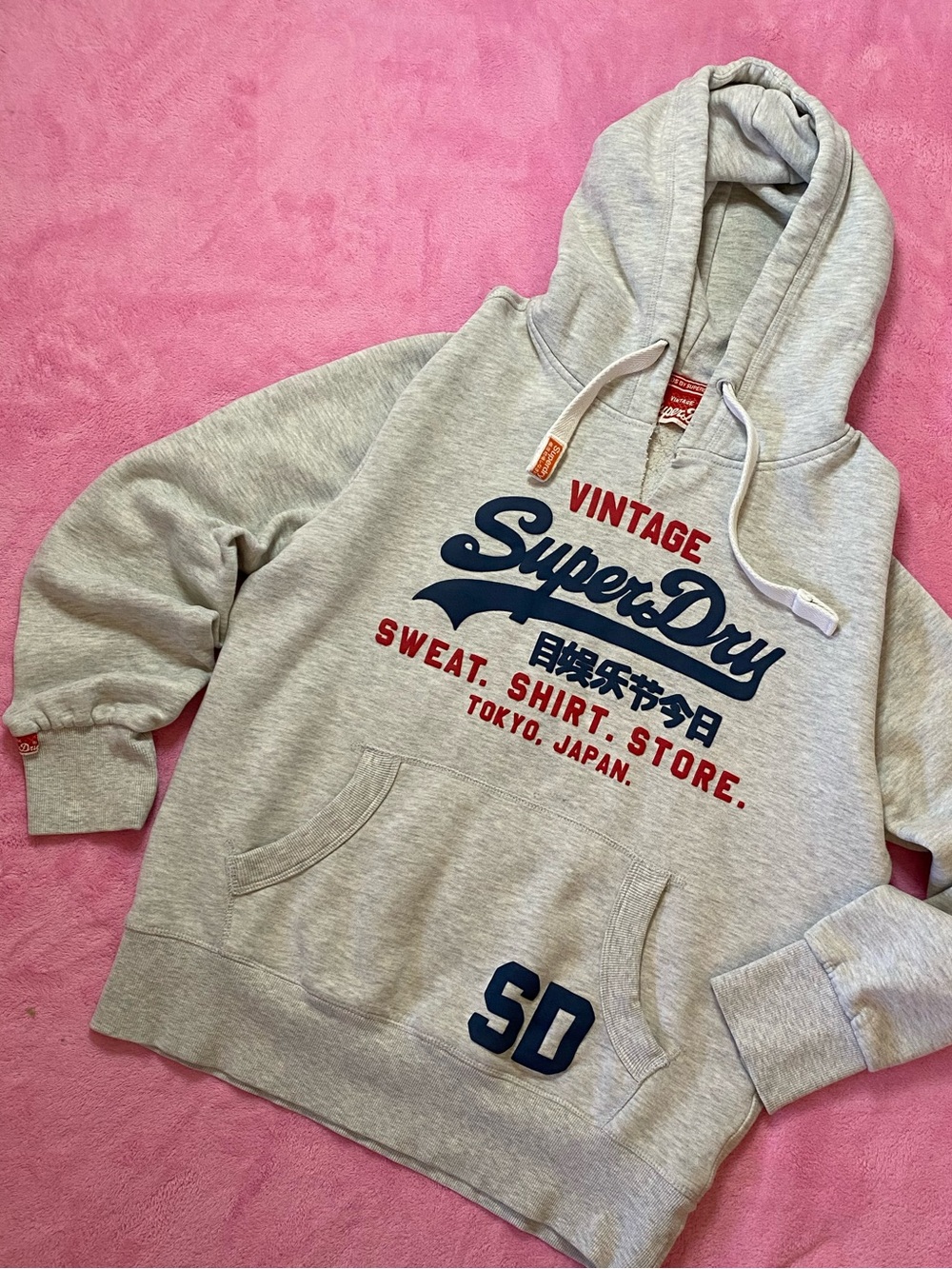 Superdry Vintage Logo Hoodie Ice Marl Grey Fleece Pullover Streetwear Sweatshirt
